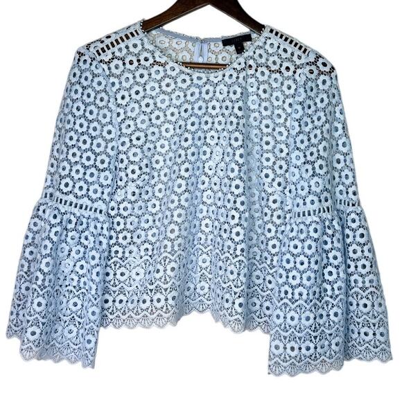 J. Crew Daisy Eyelet Bell Sleeve Blouse Jewel Neck Back Zip Up 10 Baby Blue - Picture 12 of 15